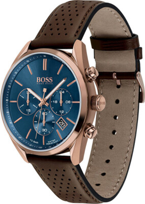 Pre-owned Hugo Boss Mens Wristwatch  Champion 1513817 Chrono Leather Brown Blue Gold Rose