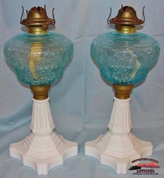 2 Matching 1870’s Blue Daisy & Button Pattern Banquet Oil Lamps