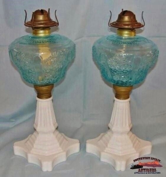 2 Matching 1870’s Blue Daisy & Button Pattern Banquet Oil Lamps