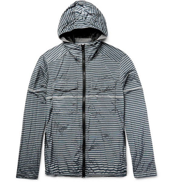 Pre-owned Stone Island $495  Marina Striped Shell Hooded Jacket Small Gray Drawstring