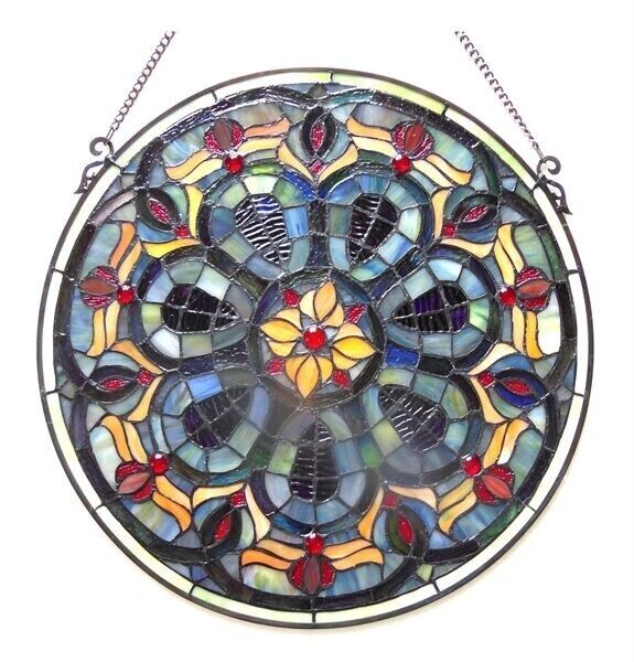 Stained Glass Tiffany Style Window Panel Handcrafted Round Victorian Design 20"