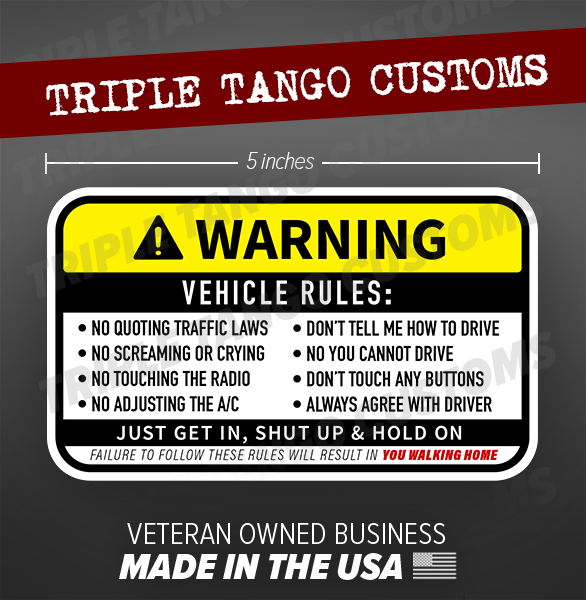 Vehicle Rules Funny Bumper Sticker Car Truck Window Decal Sa