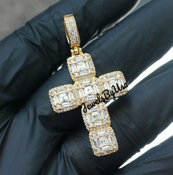 Pre-owned Nsg 3ct Men's Baguette Moissanite Mini Cross Charm Pendant Yellow Gold Plated Silver