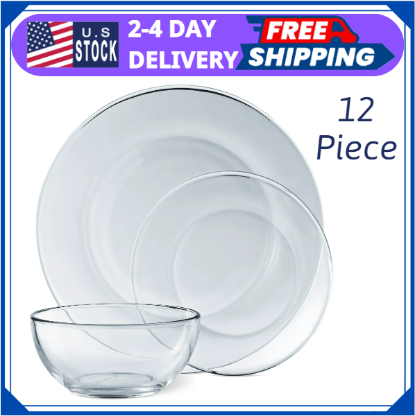 Mainstays 12-Pieces Round Clear Glass Dinnerware Set - NEW