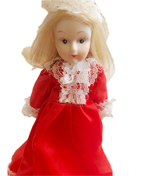 Vintage Bisque Doll Decoration Red Dress Blonde Hair Black Shoes