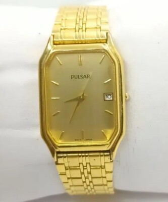 Men Pulsar Watch V722-x147 Gold Face Steel Bracelet Band Date Ind Vintage New