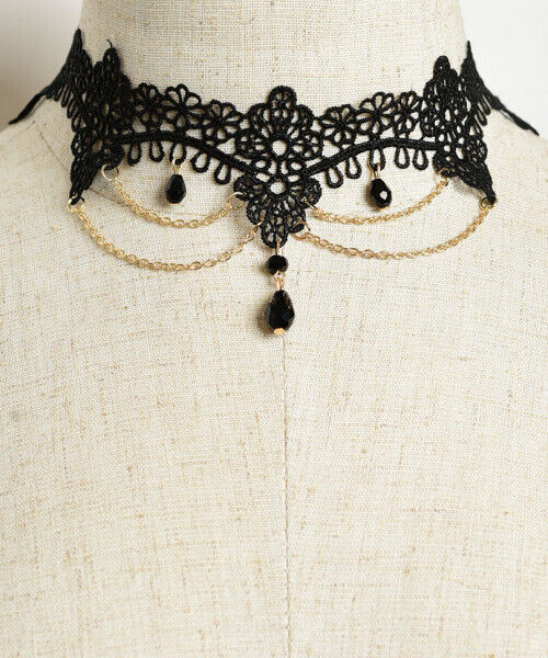 Black Floral Lace Choker Necklace Chain And Beaded Accent