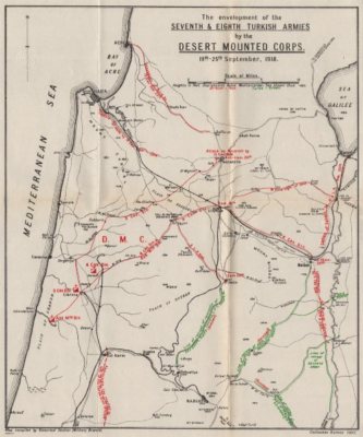 1920s Antique WWI Military Operations Map of the Envelopment of the Seventh and Eighth Turkish Armies by the Desert Mounted Corps