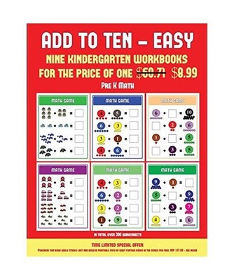 Pre K Math [Add to Ten - Easy]: 30 Full Color Preschool/Kindergarten Addition Wo