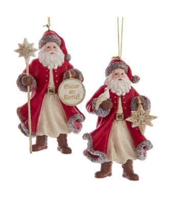 KURT ADLER SET OF 2 RESIN 4.75'' CRANBERRY PEARL SANTA CHRISTMAS ORNAMENTS E0858