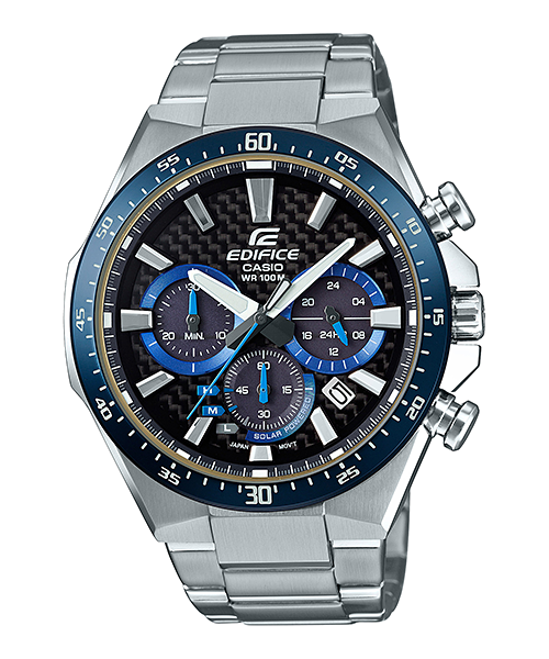 Pre-owned Casio Edifice Solar Powered Carbon Fiber Dial Stainless Steel Band Eqs-800cdb-1b