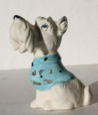 Puppy Dog Figurine Cartoon Comic Style Ceramic Porcelain Hand Painted Blue Shirt