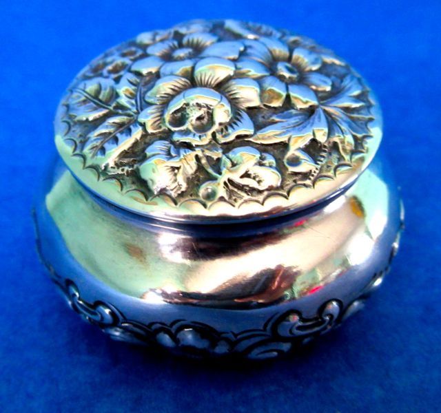 Trinket Box Antique Sterling Silver Floral Repousse Hallmarked ca. 1840-50s