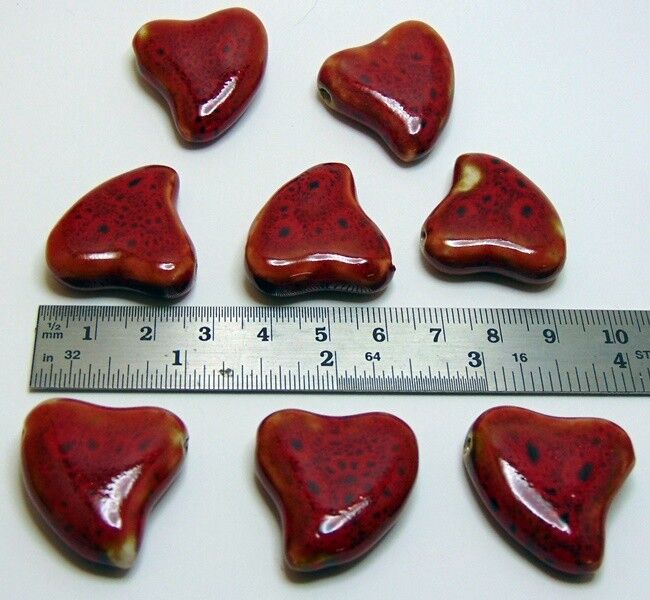 10 ea Twisted RED Porcelain HEART Bead 28mm (1+ Inches) Shiny Valentine Pendant