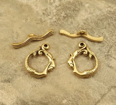 10 Gold Tone Pewter Mermaid & Waves Toggle Clasps - 5155