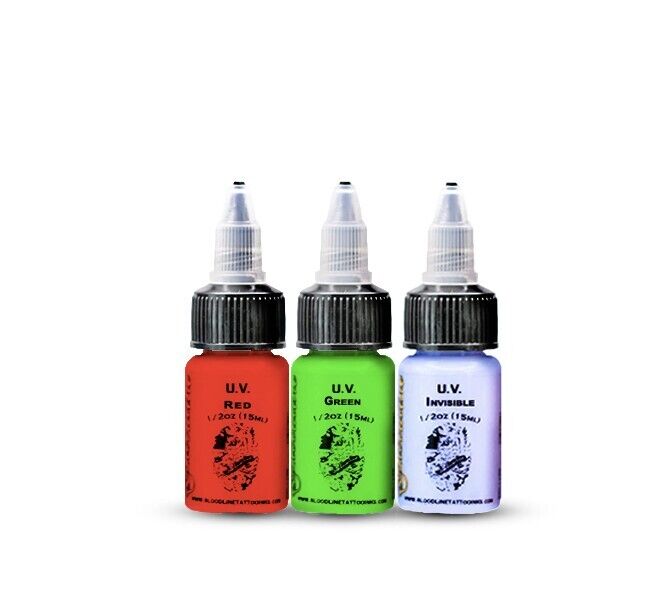 BLOODLINE Tattoo UV Nuclear Ink SET BlackLight Red Green White Colors 1/2  oz