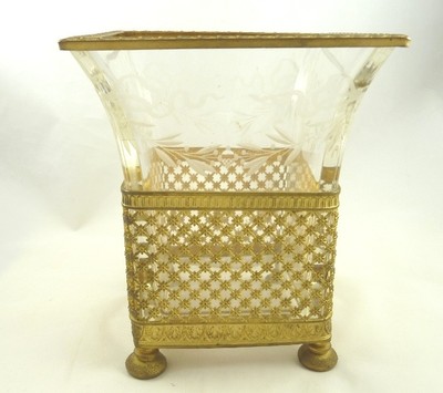ANTIQUE FRENCH VASE PLANTER GILT ORMOLU & CRYSTAL ETCHED WITH BOWS & SWAGS