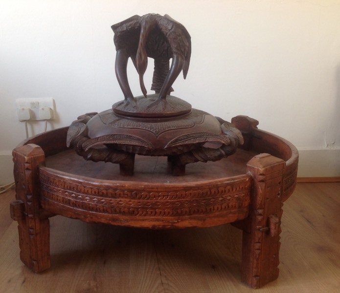 Large Indian Chakki spice grinder , coffee table ; ottoman pouffe in
