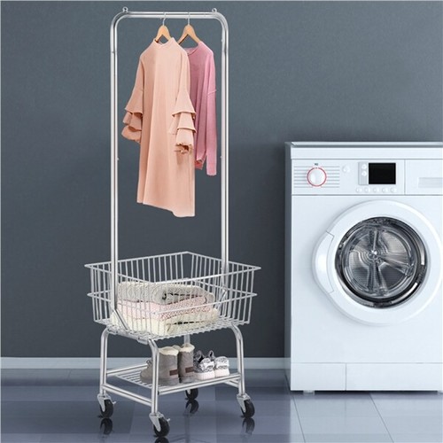 Heavy duty Garment Organizer Laundry Cart With Storage Basket Double Pole Rack