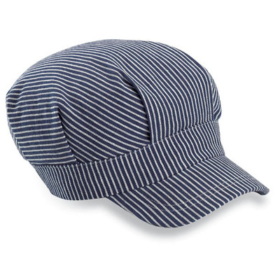 ADULT Navy Blue STRIPED ENGINEER'S TRAIN HAT CAP Railroad Elastic Nice! 