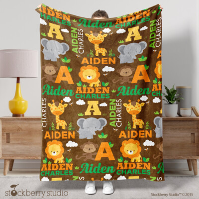 Safari Animals Baby Name Blanket Personalized Monogrammed Nursery Boy Jungle