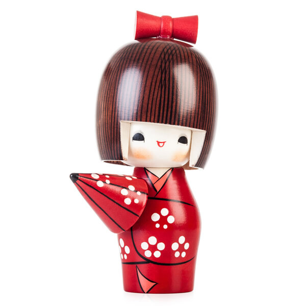 Japanese Kokeshi Wooden Doll 5.5"H Girl Red Kimono Umbrella Ameyadori JAPAN MADE