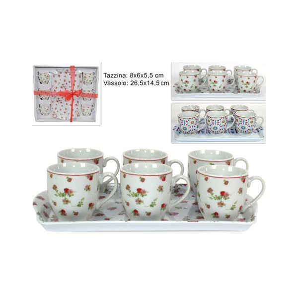 Set sei Tazzine da caffè con Vassoio porcellana ceramica a fiori o fantasia Dfh
