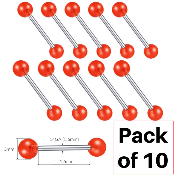 Pack of 10 | 14GA 12mm Bar | 5mm Red Acrylic Balls | Tongue or Nipple Piercing