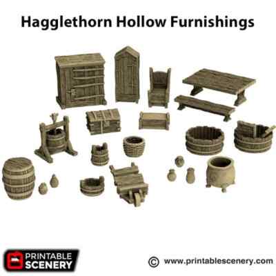 Wood Furnishings, Fantasy Building props: Wargaming RPG Terrain, D&D Miniatures