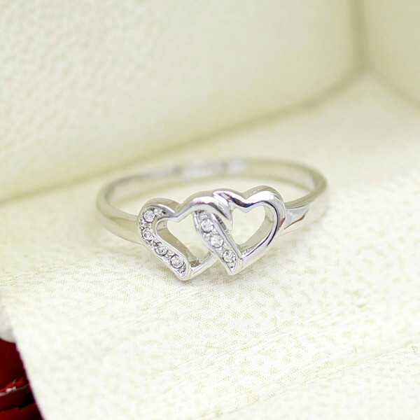 White Gold finish Cubic Zirconia Double Love Heart Dress Ring + Box + Gift Bag