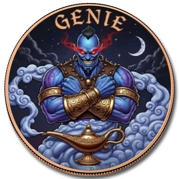 2026 Liberia 1 Dollar 5 oz .999 Copper Coin Genie Magic Lamp Mintage 5000 Case