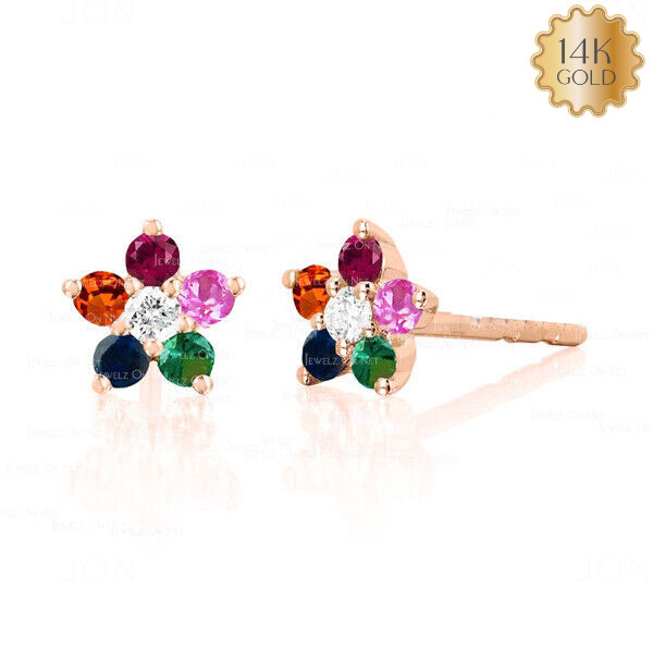 14k Gold Diamond Multi Color Floral Stud-Gift Black Friday Jewelry