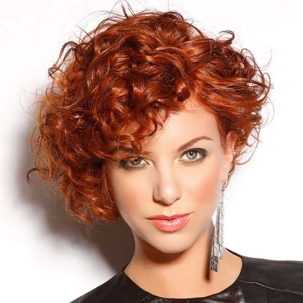 Fluffy Curly Dark Auburn Synthetic Outstanding Short Side Bang