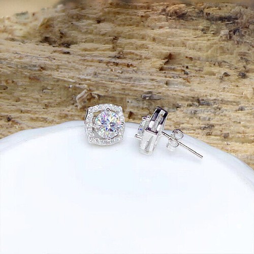 1 Ct Round Cut Moissanite Halo Stud Earrings 10K White Gold