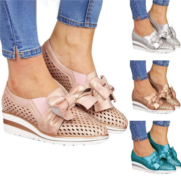 Women Bowknot Slip On Platform Sneaker Wedge Loafers Comfy Breathable Shoes Size