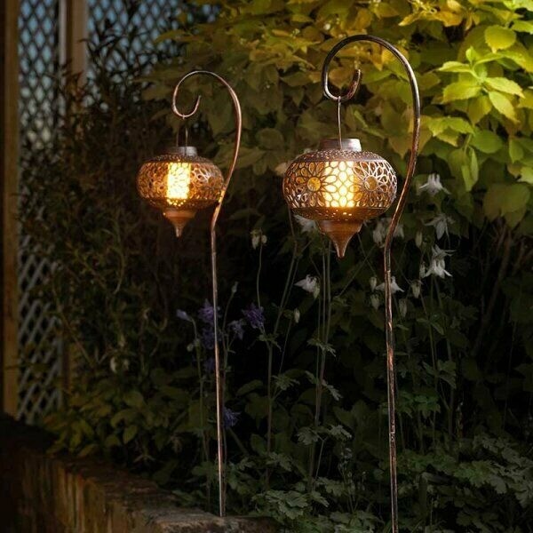 2x Moroccan Style Solar Lanterns on Crook Flaming Effect 92cm in
