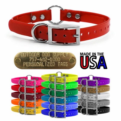 Hunting Dog Solid Name Collar 3/4" Strap Ring in Center & Brass Tag ID Plate