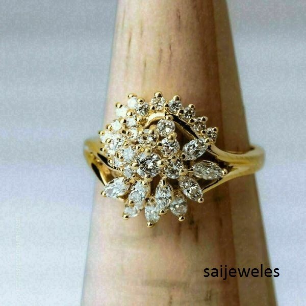 14K Yellow Gold Over 1.10CT Round Cut Lab-Created Diamond Cluster Wedding Ring - Picture 1 of 6
