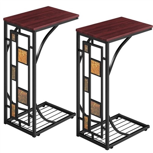 Set of 2 C Shaped End Side Snack  Table for Sofa Couch Slide Under Living Room