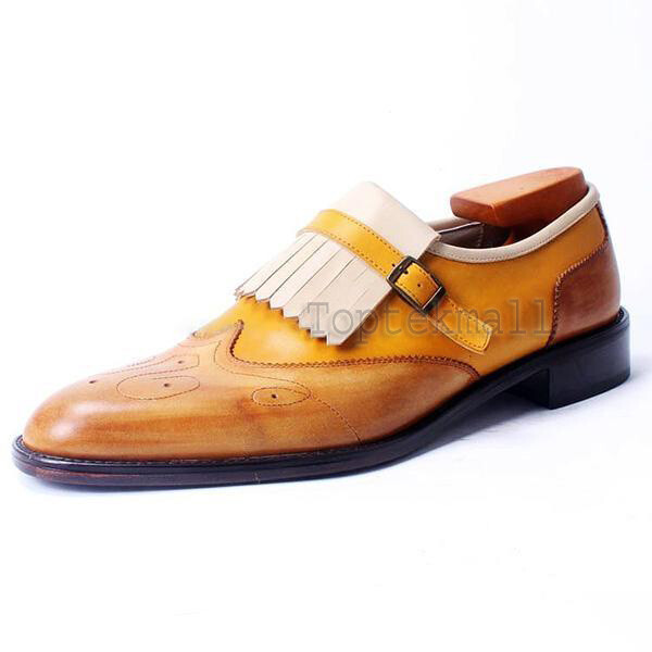 Pre-owned Handmade Men's Leather Two Tone Rounded Toe Single Monk Straps Formal Shoes-706