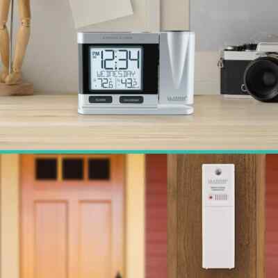 Silver Atomic Projection Alarm Clock With Snooze Indoor Outdoor Temperature Easy
