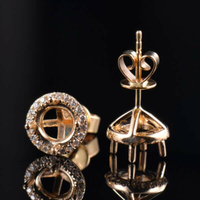 Pre-owned Diamondmounts Round 6mm 14k Yellow Gold Natural Diamond Halo Setting Earrings Stud Semi Mount