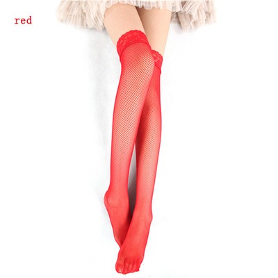 Red Women Hollow Fishnet Lace Top Stockings Thigh High Stockings Socks Tights