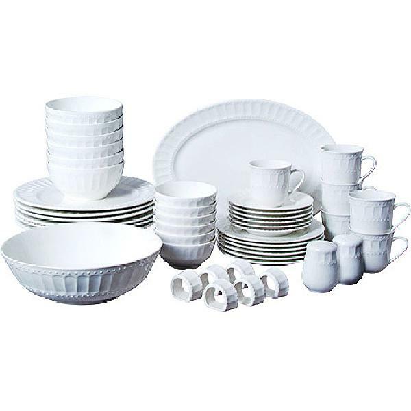 46 Piece Dinnerware and Serveware Set Embossed Glaze Service for 6 White Kitchen