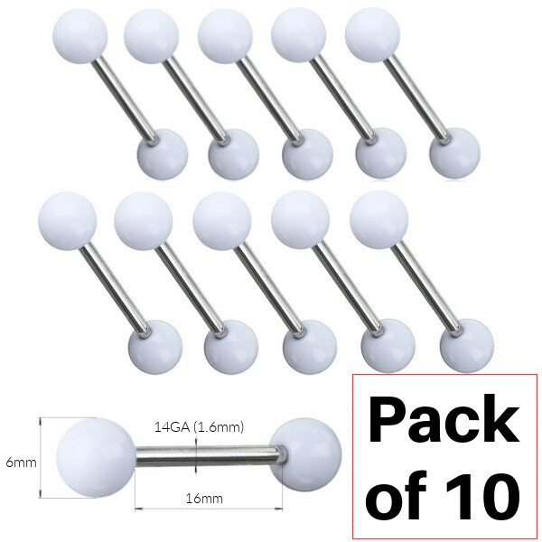 Pack of 10 | 16mm Solid White Tongue Bar | UV Reactive Balls | Nipple Piercing