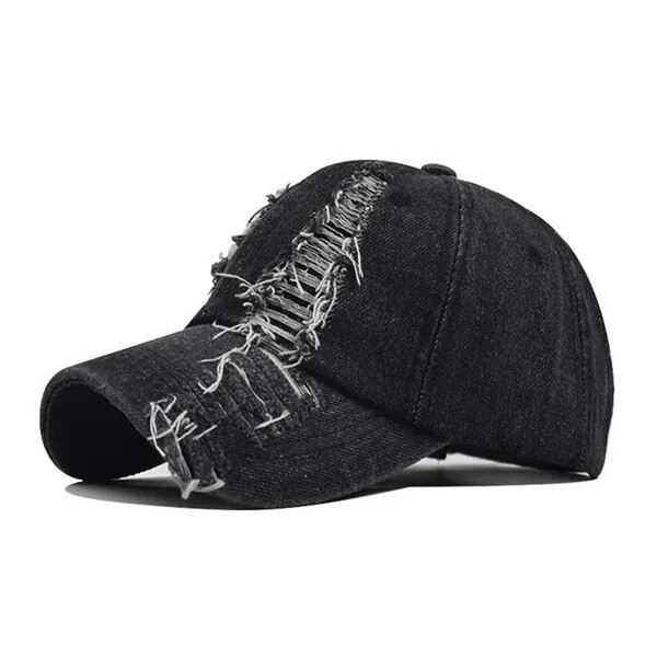 Black Distressed Denim Baseball Cap Ripped Hat For Women, Men Solid, Streetwear