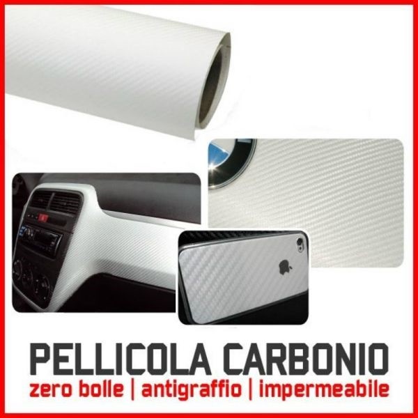 Set 2 Pellicola Adesiva Auto Moto Fibra Di Carbonio 3D Bianca Vinile 7x500cm hsb