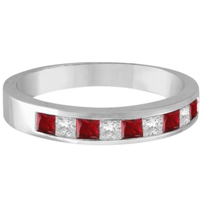 Pre-owned Ruby 0.79ct Princess-cut Channel-set Natural  & Diamond Ring Band 14k White Gold In Red