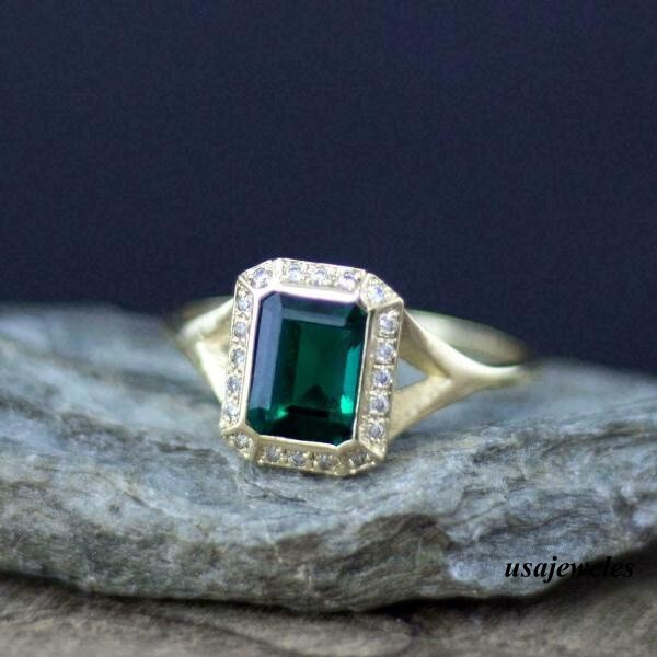 1.54CT Genuine Emerald Emerald Cut Wedding Halo Jewelry Ring 14K Yellow Gold FN