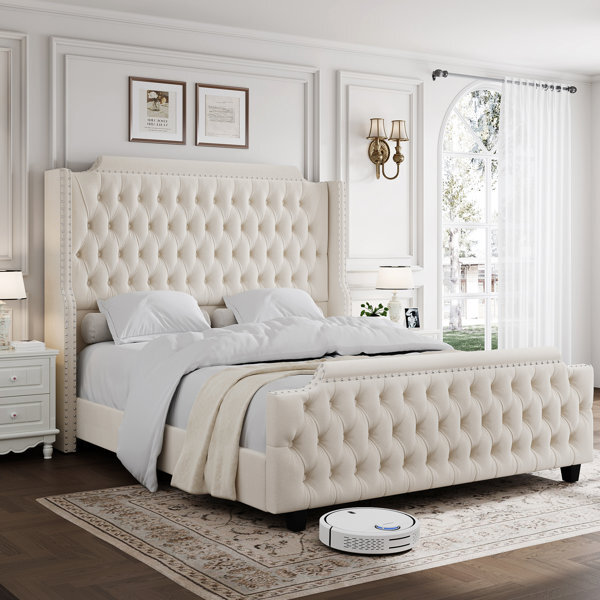 54" Tall Bed Frame, Queen Size Upholstered Wingback Headboard Velvet Tufted Beds